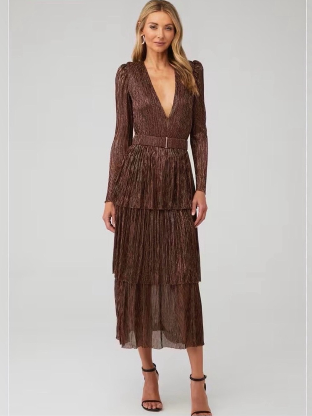 Sabina Musayev Carry Dress Deep V-Neck Shimmer Brown Tiered Long Sleeve Dress